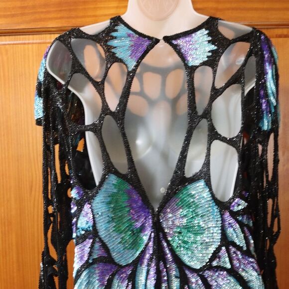 Vintage 80s Silk Sequin Peacock Butterfly Evening Gown Maxi Dress - Picture 6 of 16